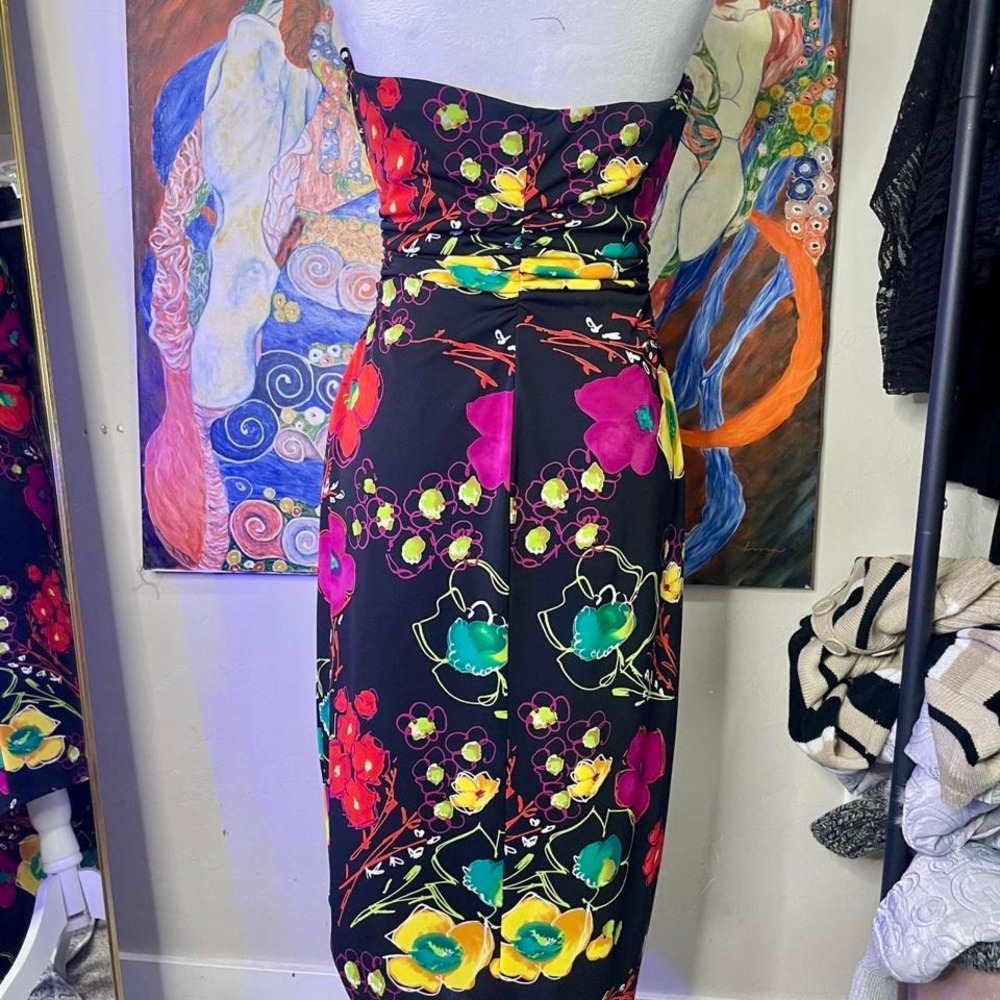 90s David Meister colorful floral halter neck asymmetrical hem dress size 6 - Picture 3 of 8